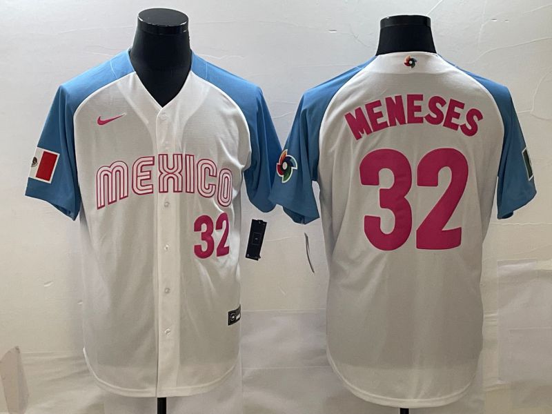 Men 2023 World Cub Mexico #32 Meneses White blue Nike MLB Jersey